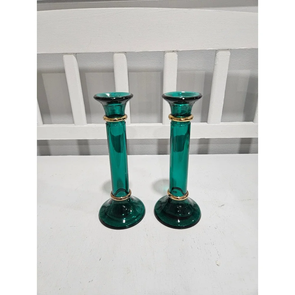 Vtg Pier 1 Emerald Green Glass Blown Glass Candle Holders, Made in Spain, 7.75